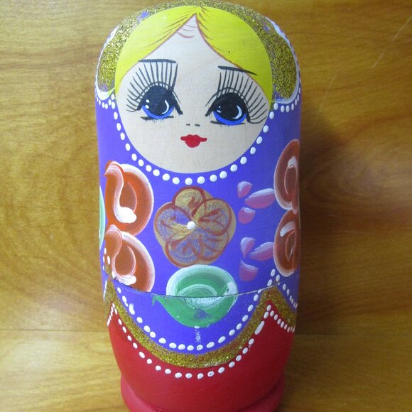 Russian nesting dolls beautiful purple hand painted red  gold crown 6 piece - Picture 1 of 11